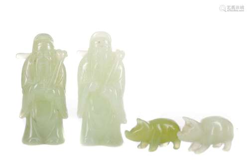 A LOT OF TWO 20TH CENTURY CHINESE GREEN HARDSTONE FIGURES AN...