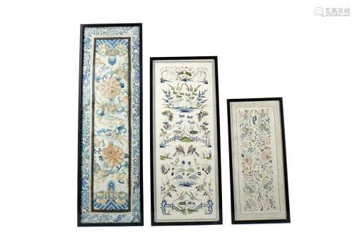 A LOT OF THREE 19TH CENTURY CHINESE EMBROIDERED PANELS