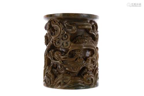 A 20TH CENTURY CHINESE WOOD BRUSH POT