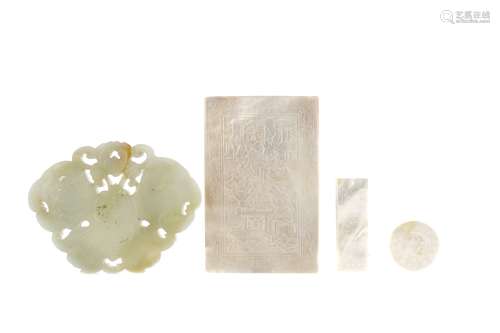 A CHINESE GREEN JADE AMULET AND MOTHER OF PEARL COUNTERS