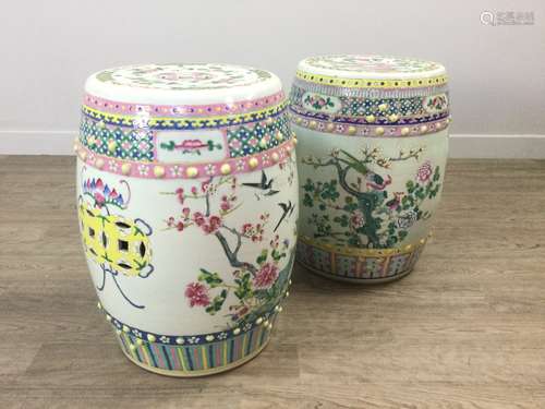 A PAIR OF EARLY 20TH CENTURY CHINESE POLYCHROME BARREL SHAPE...