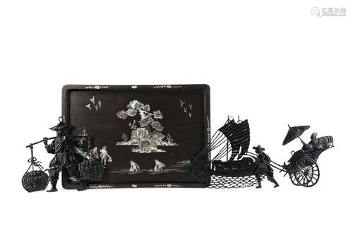 A 20TH CENTURY CHINESE LACQUERED TRAY AND THREE METAL WALL H...