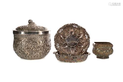 AN INDIAN SILVER JAR WITH COVER AND OTHER ITEMS