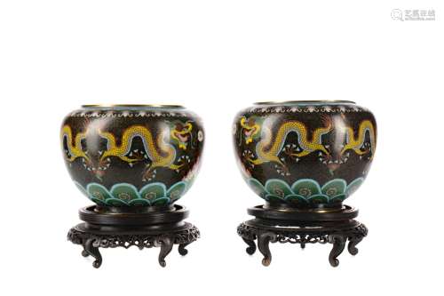 PAIR OF EARLY 20TH CENTURY CHINESE CLOISONNE POTS, of broad ...