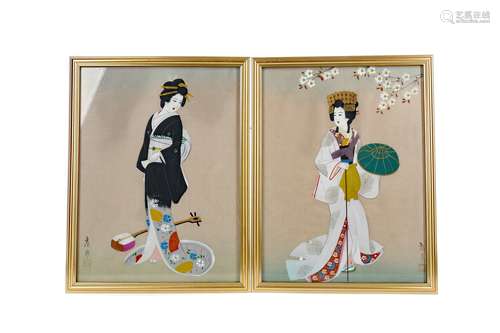 A LOT OF TWO JAPANESE SCHOOL PAINTINGS OF GEISHA