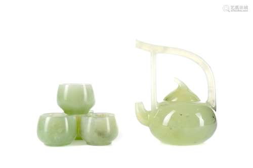 A CHINESE GREEN JADE WINE POT AND FOUR CUPS