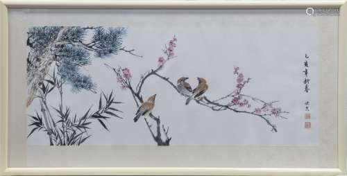 A 20TH CENTURY CHINESE PAINTING OF BIRDS ON BRANCHES
