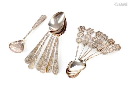 A LOT OF TWO SETS OF SIX CHINESE SILVER TEASPOONS AND A CADD...