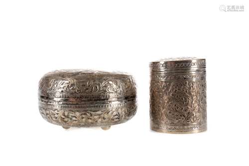 AN EARLY 20TH CENTURY EASTERN SILVER LIDDED BOX AND A LIDDED...