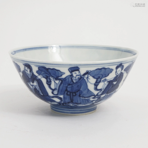 A BLUE AND WHITE BOWL WITH FAIRY PATTERN
