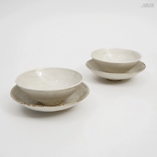 A SET OF HUOZHOU KILN, EMBOSSED BOWL AND BOWL HOLD…