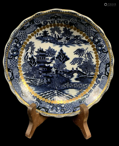 Semi China England Blue And White Plate, Gold Rim
