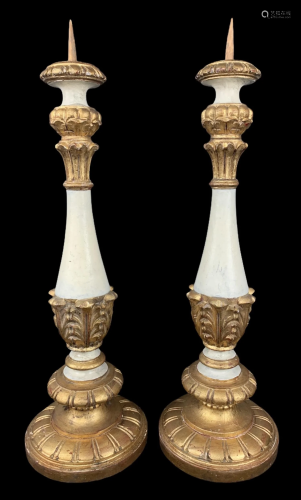 Pair Of Carved Wood Painted Pricket Candlesticks