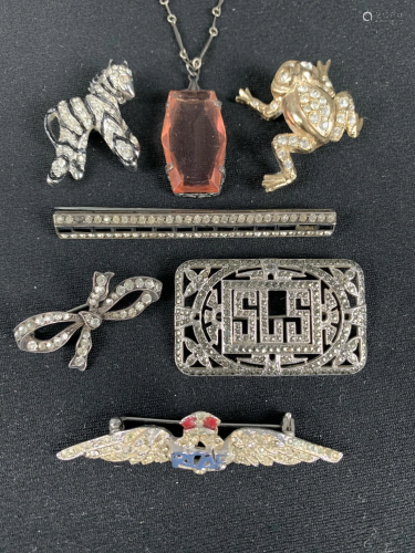 Lot Antique Rhinestone Brooches, Necklace
