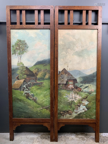 Arts And Crafts Oak Screen, Painted Landscapes