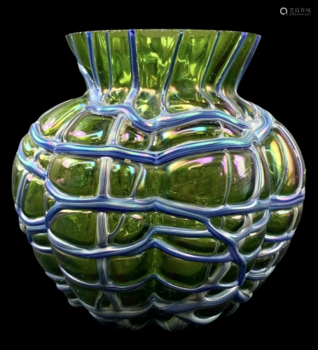 Loetz Green Iridescent Threaded Art Glass Vase