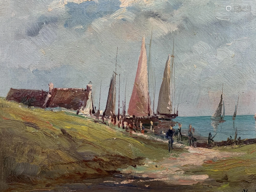 Signed Oil On Canvas Sail Boat Harbor Landscape