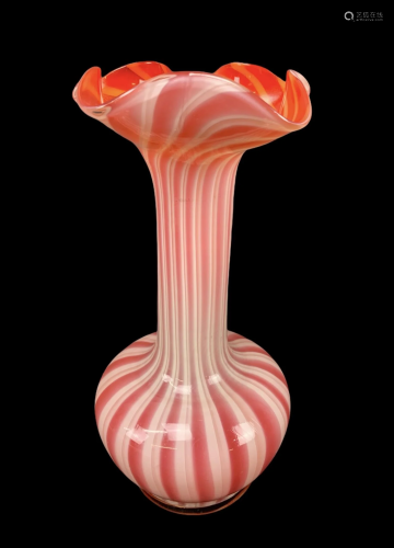 Murano Ribbon Glass Red White Striped Tall Vase