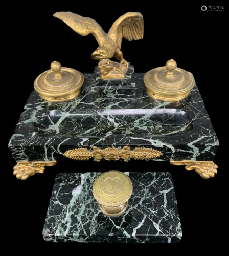 19th C Empire Marble And Gilt Bronze Eagle Inkwell