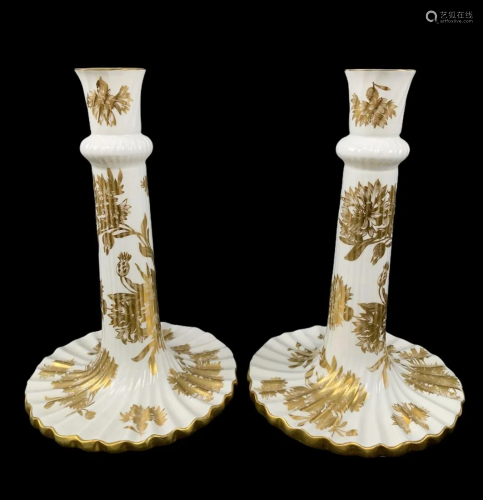 Pair Of Hammersley Gold And White Candlesticks