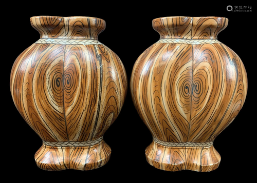 Pair Of Chinese Faux Bois Painted Porcelain Vases