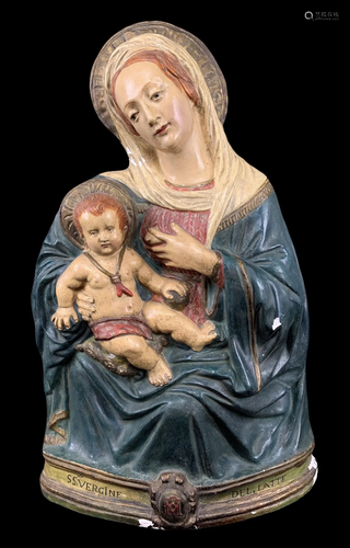 19th C. Polychrome Madonna And Child Plaque