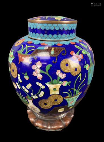 Chinese Cobalt Cloisonne Ginger Jar On Stand