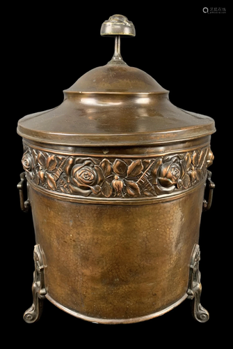 Antique Hand Hammered Copper Coal Bin, Scuttle