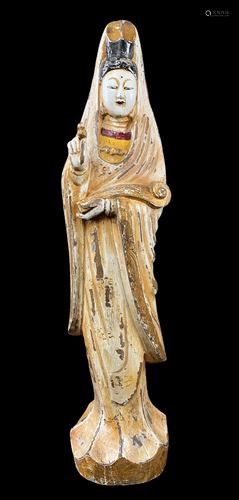 Wood Carved Chinese Gilt Polychrome Guan Yin