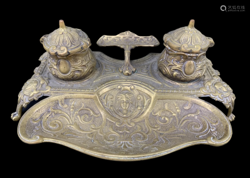 Art Nouveau Brass Inkwell Stand Signed G. L.