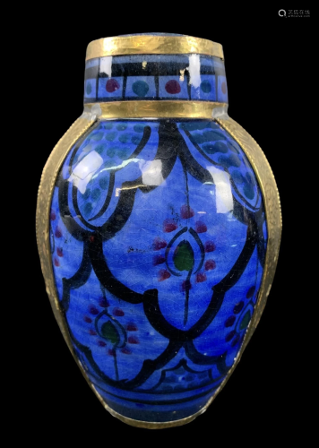 Middle Eastern Brass Bound Hand Decorated Vase