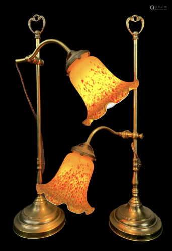 Pair Adjustable Art Nouveau Brass Table Lamps