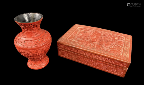 Lot Of Cinnabar, Vase And Lidded Box