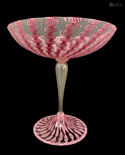 Murano Pink Swirl Ribbon Glass Compote Gold Flecks
