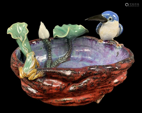 Signed Chinese Majolica Kingfisher Jardiniere