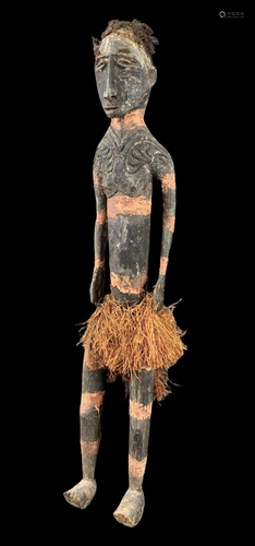 African Carved Wood Male Statue, Human Hair