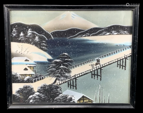 Signed Japanese Painted Silk, Snowy Bridge