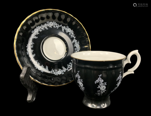 Crown Staffordshire Black Teacup, Saucer D521