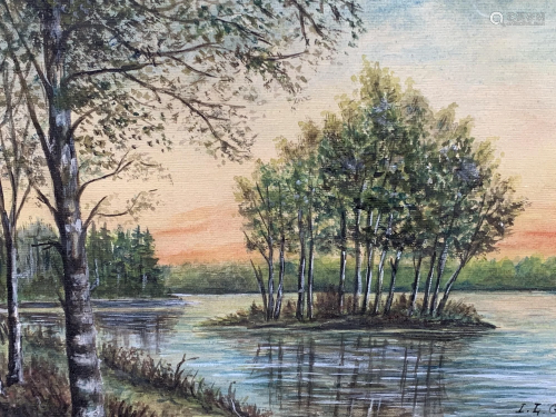 I. L. Garnsey Mixed Media, Lake And Trees Painting