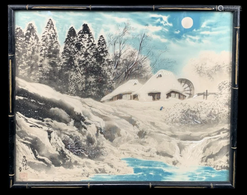 Signed Japanese Painted Silk Winter Mill Landscape