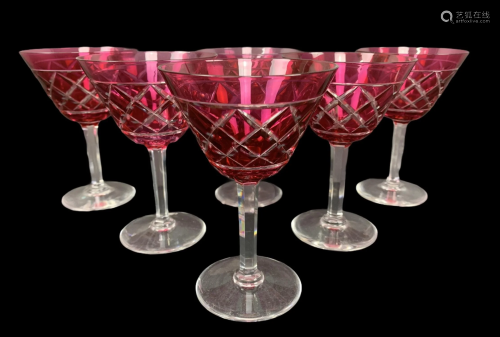 Cranberry Wheel Cut Crystal Wine Glasses