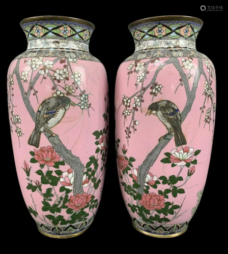 Pair Of Meiji Japanese Cloisonne Vases, Birds