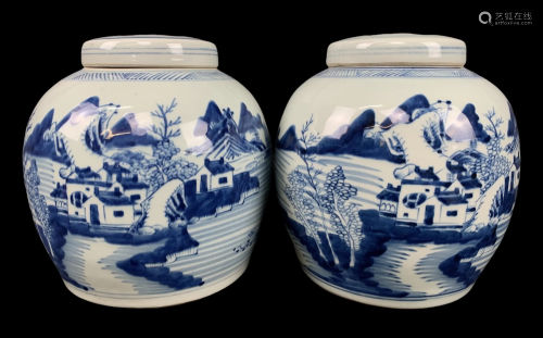 Pair Antique Blue And White Chinese Ginger Jars