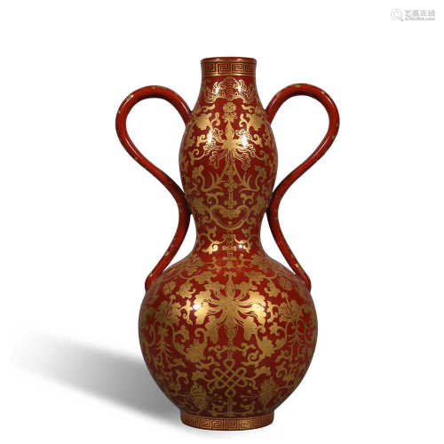 Qing Dynasty Qianlong red bottom gold color Ruyi ear gourd b...