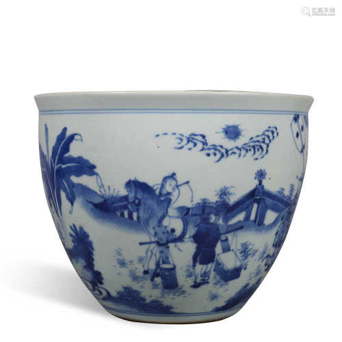 Qing Dynasty blue and white characters story tank