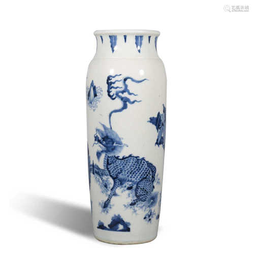 Qing Dynasty blue and white bottle with animal pattern