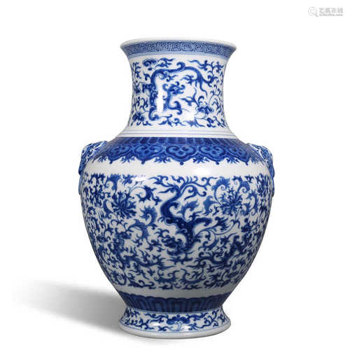 Qing Dynasty Qianlong blue and white lotus ear vase