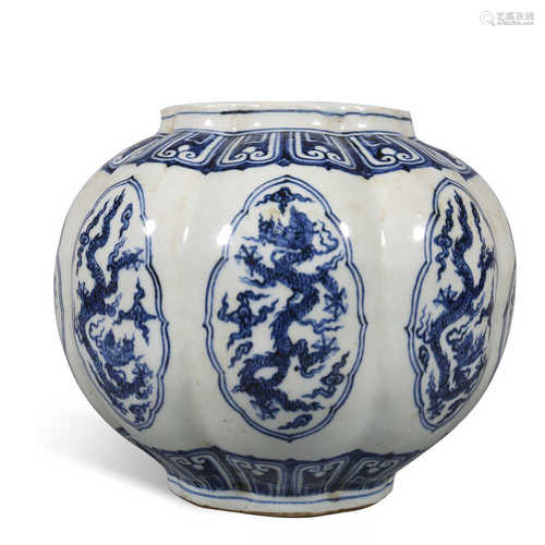 Xuande blue and white dragon grain melon ribs pot in Ming Dy...