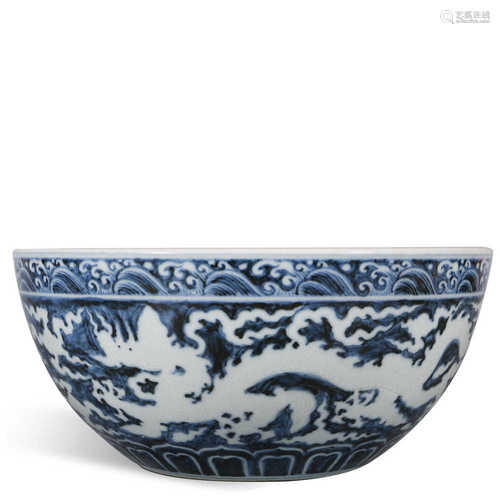 Xuande blue and white relief dragon bowl in Ming Dynasty