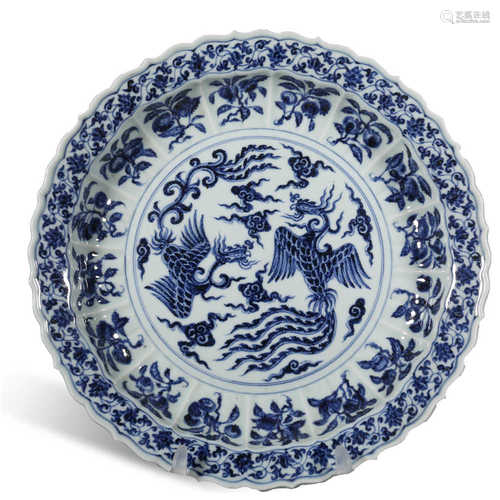 Blue and white phoenix pattern plate of Yuan Dynasty